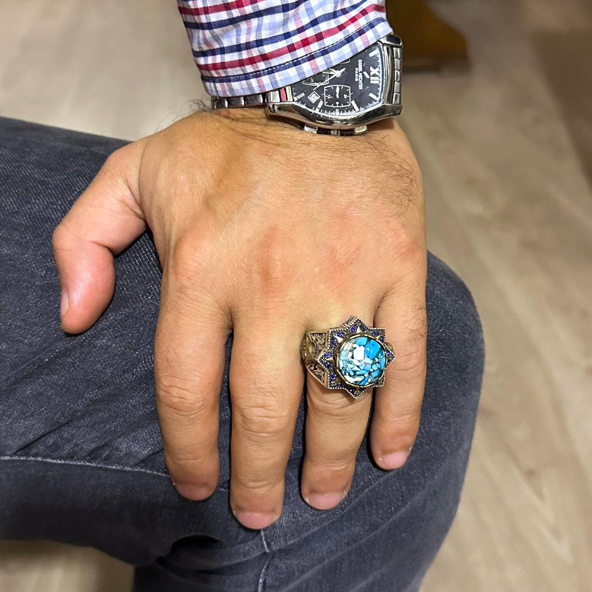 Silver Men's Ring with Natural Turquoise Stone — 3