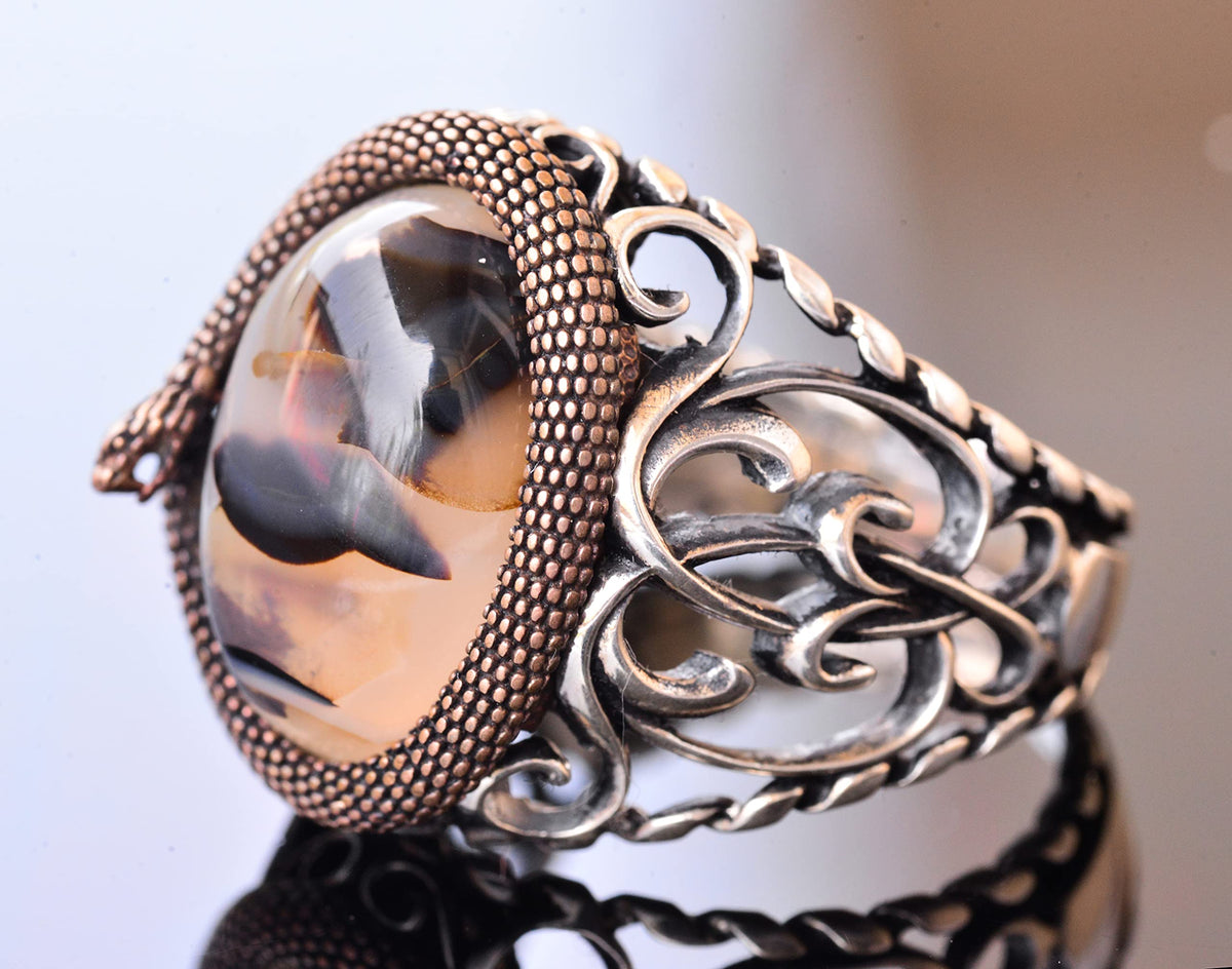 Natural Yemen Agate Stone, Snake Ring, Handmade Ring, Silver Men's Ring, Gift for Him, Silver Accessory Brown — 4