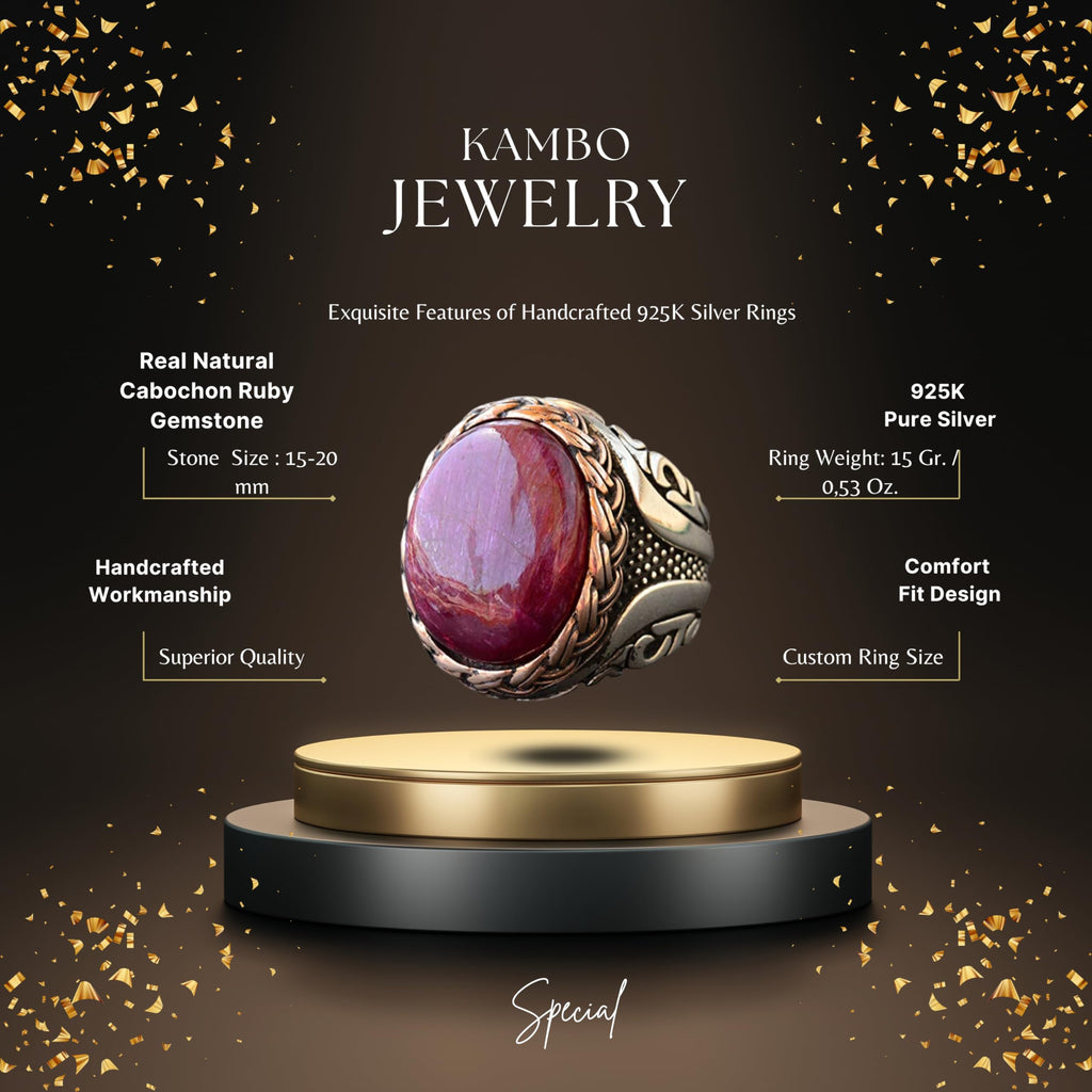 Natural Cabochon Ruby Stone Silver Men's Ring — 2