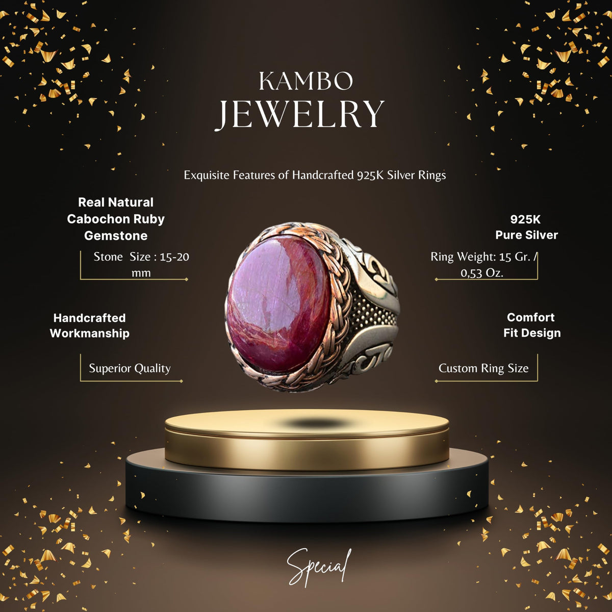 Natural Cabochon Ruby Stone Silver Men's Ring — 2