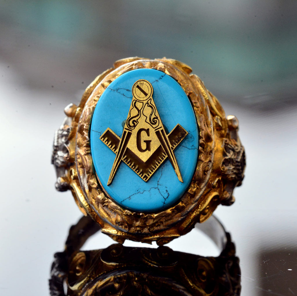 KAMBO Natural Turquoise Gemstone Men's Masonic Ring, Handcrafted 925 Sterling Silver with Intricate Signet Design, Uniqu