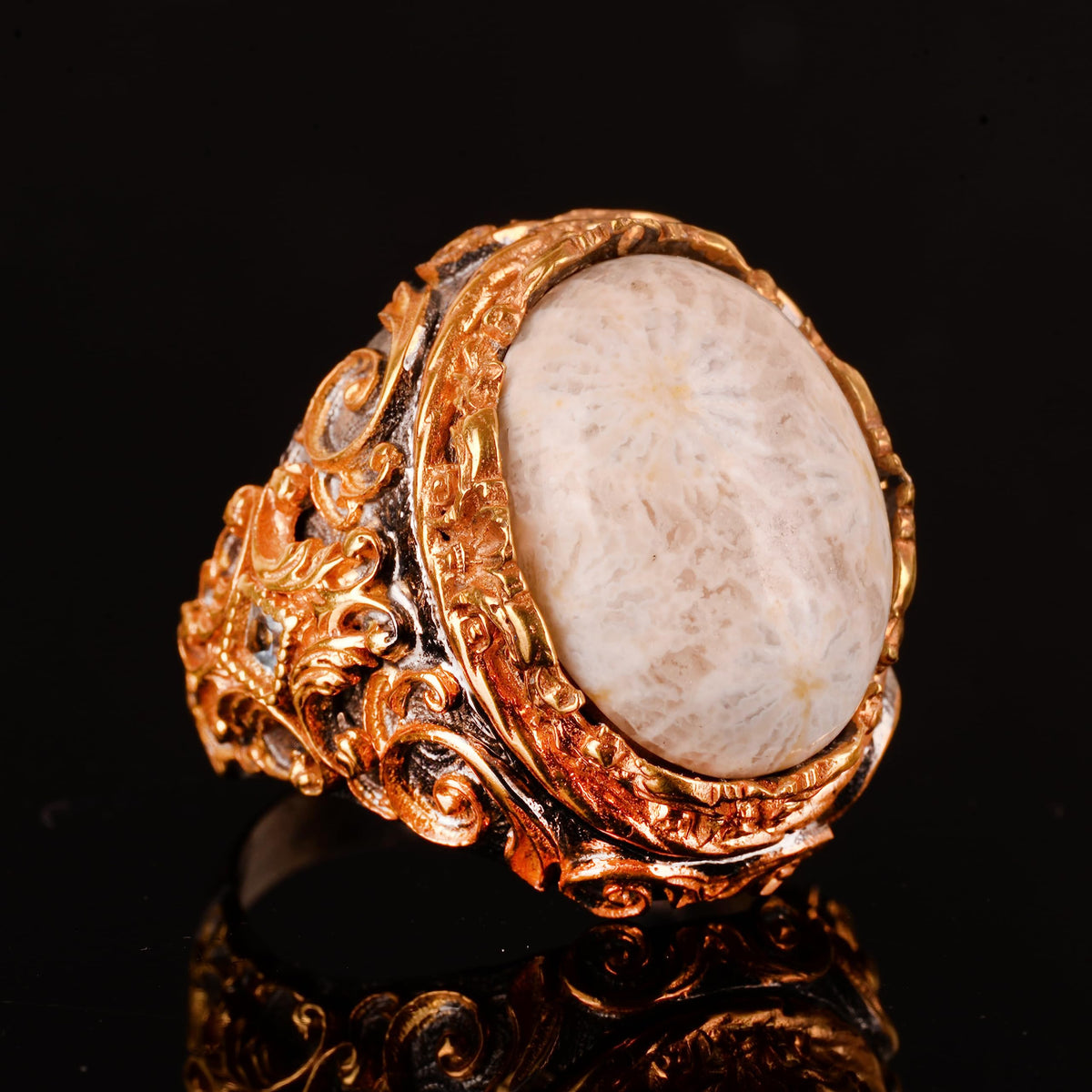 Natural Coral Stone Ring - Handmade, 925 Sterling Silver — 5