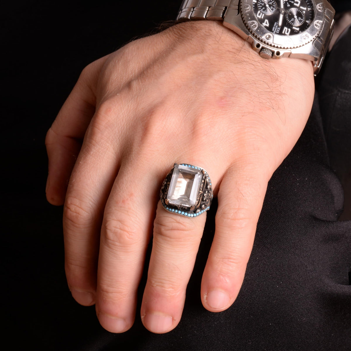 Natural Crystal Stone Ring, 925 Sterling Silver Men's Ring — 3