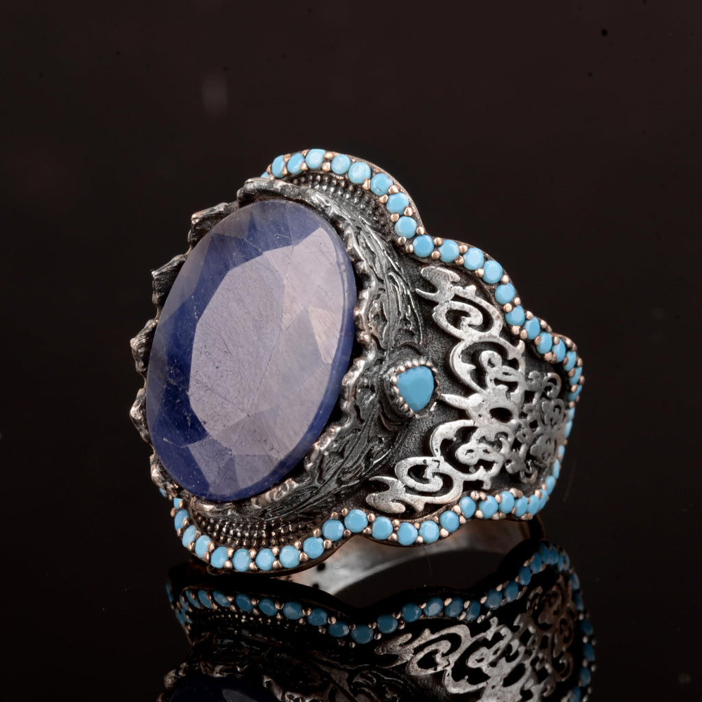 Handmade 925 Sterling Silver Men's Ring - Natural Stone (Sapphire) — 5