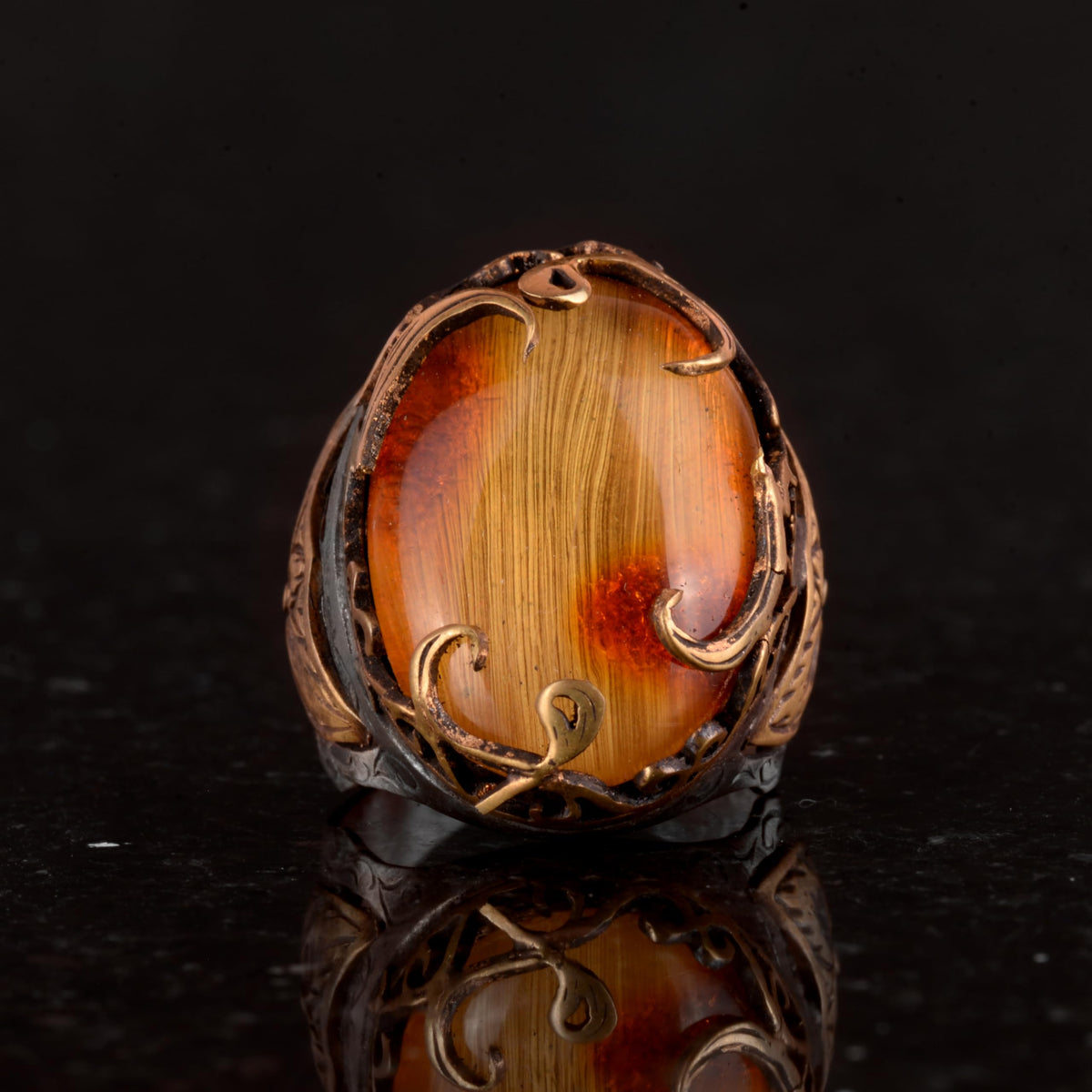 925 Sterling Silver Men's Ring, Amber Stone — 3