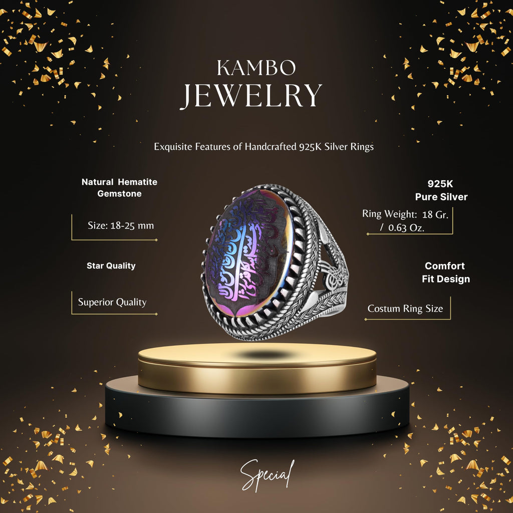 KAMBO Men's Natural Hematite Stone Ring – 925 Sterling Silver Mashallah Arabic Calligraphy Ring – Islamic Statement Ring — 2