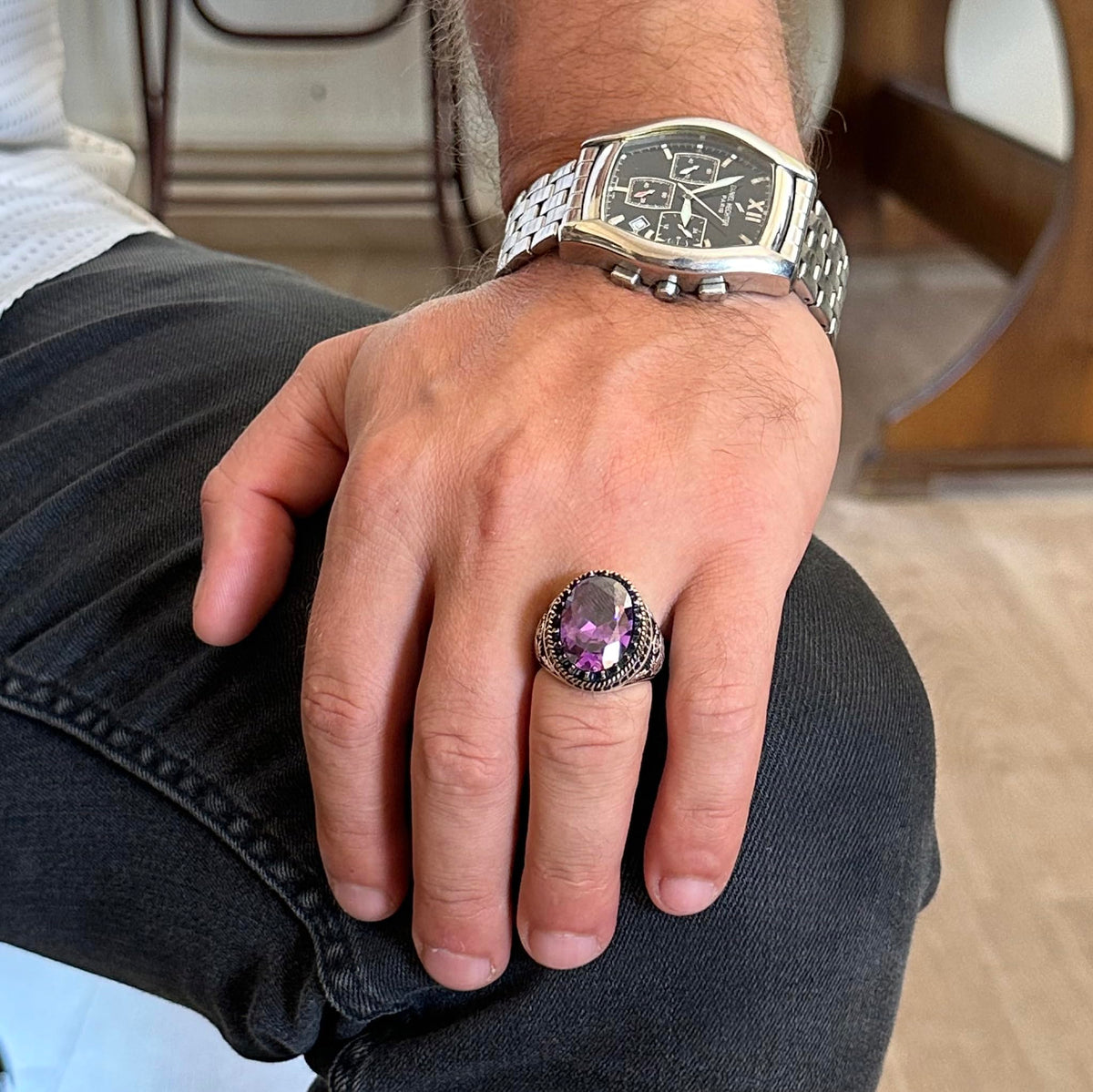 925 Sterling Silver Ring, Artificial Stone Ring, Eagle Symbol Ring, Handmade Ring (Artificial Amethyst) — 3