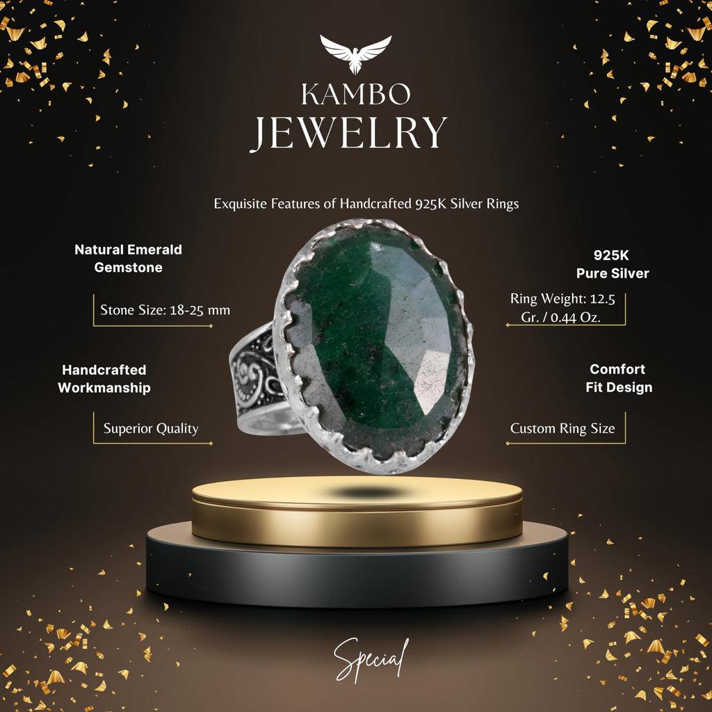 925 Sterling Silver Men's Ring, Natural Emerald Stone Ring — 2