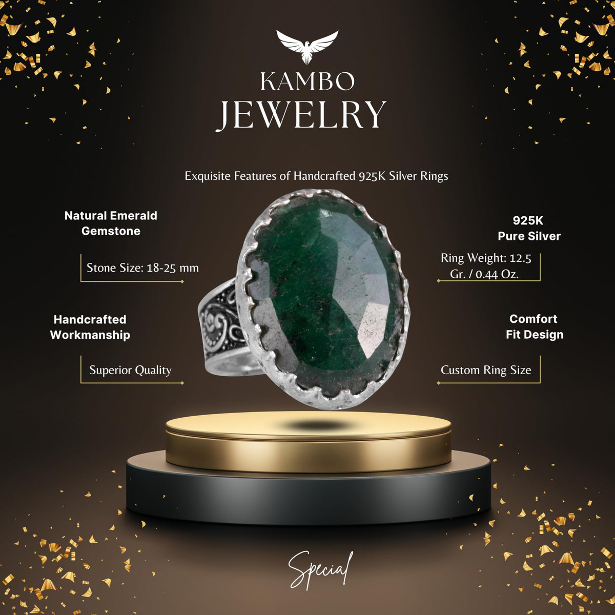 925 Sterling Silver Men's Ring, Natural Emerald Stone Ring — 2
