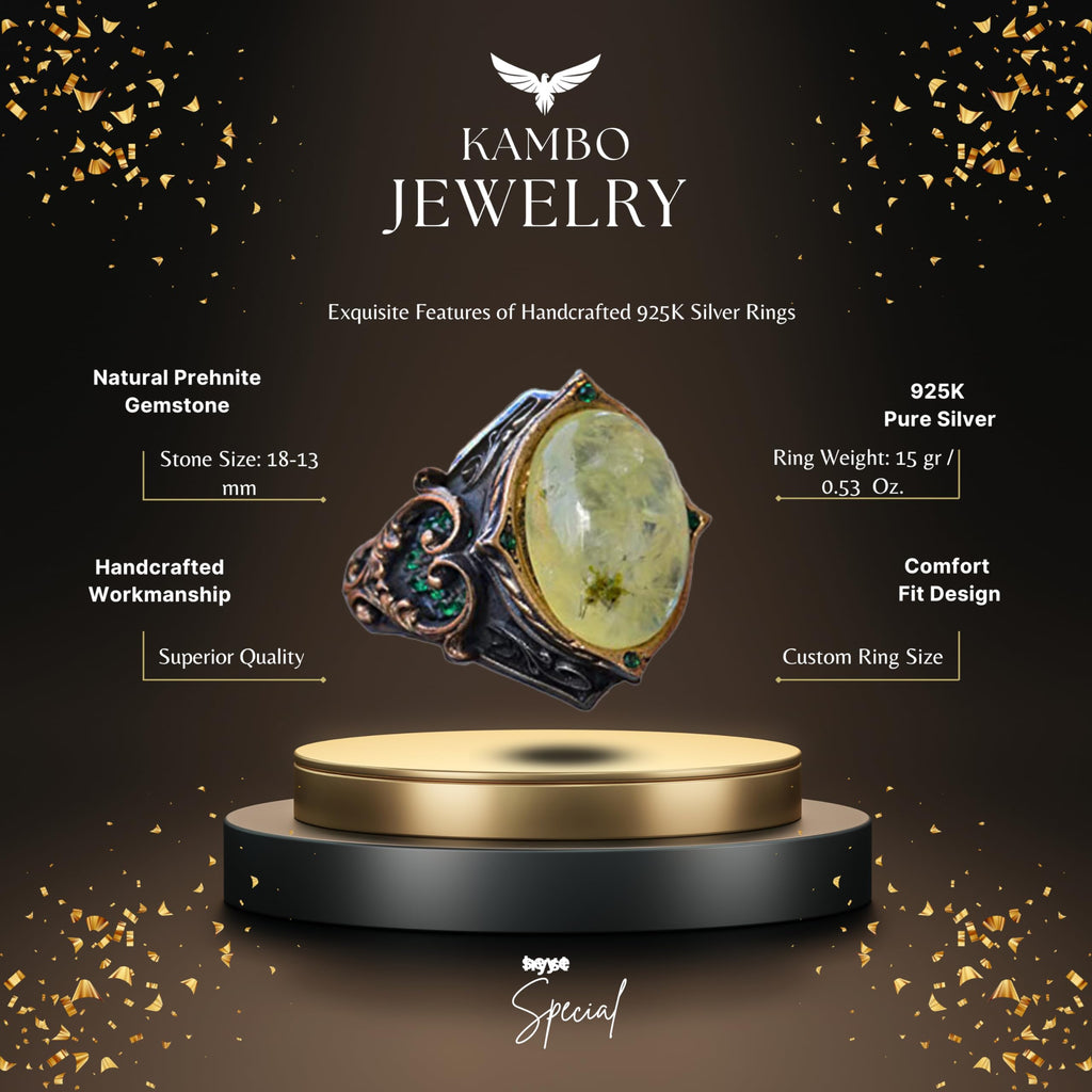 925 Sterling Silver Men's Ring with Natural Prehnite Stone, Ottoman Style Ring, Green Prehnite Stone — 2