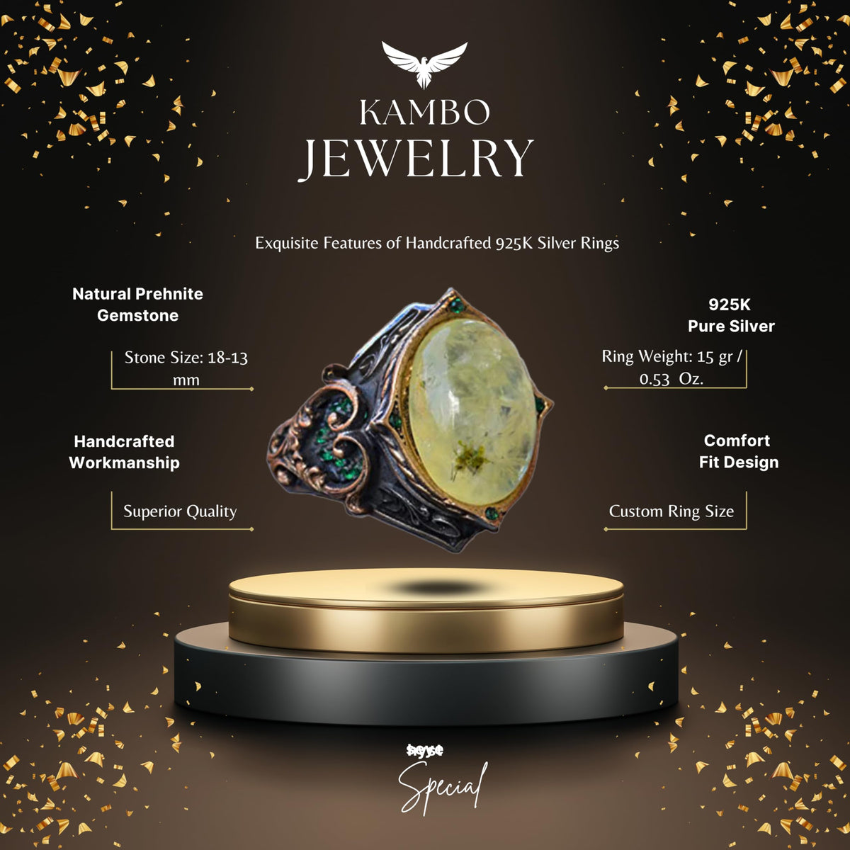 925 Sterling Silver Men's Ring with Natural Prehnite Stone, Ottoman Style Ring, Green Prehnite Stone — 2