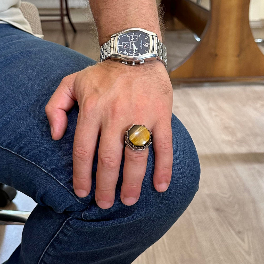 Natural Tiger's Eye Stone Ring - Octagonal Design - Handmade 925 Sterling Silver Jewelry — 3