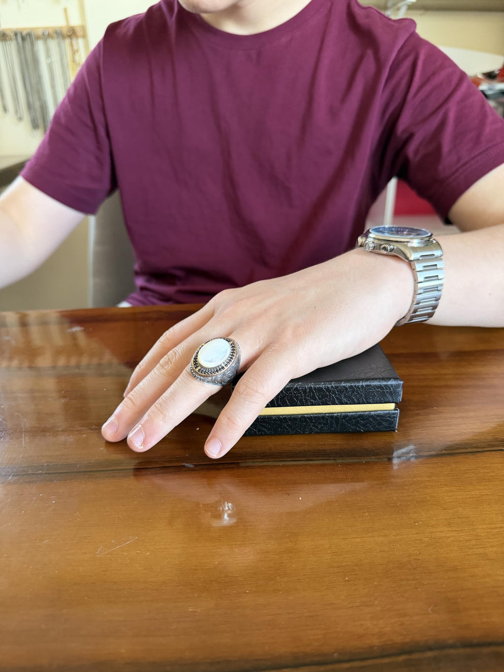 Men's Natural Stone Large Ring – Oval Stone Vintage Byzantine Engraved Statement Ring - Antique Filigree 925 Sterling Silver Jewelry (Moonstone) — 3