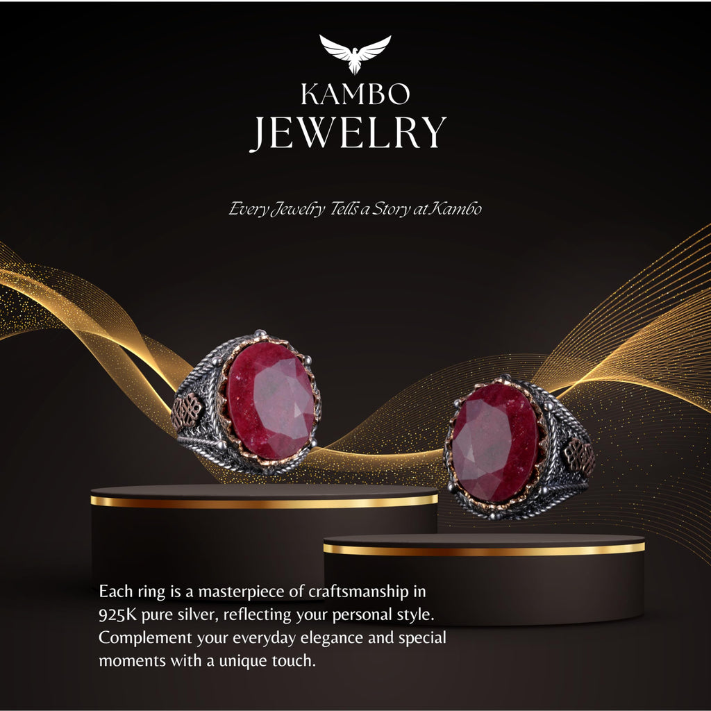 KAMBO Men's Natural Ruby Gemstone Ring - 925 Sterling Silver — 6