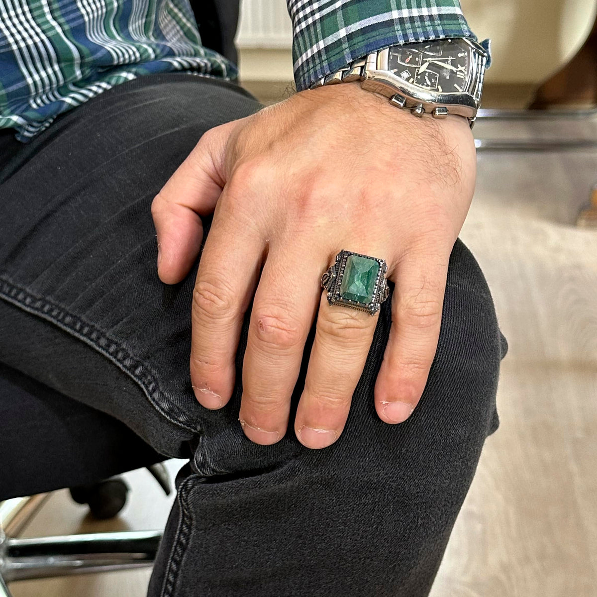 KAMBO Genuine Real Natural Stone Ring - 925K Emerald Solid Silver Men's Ring - Modern Design — 2