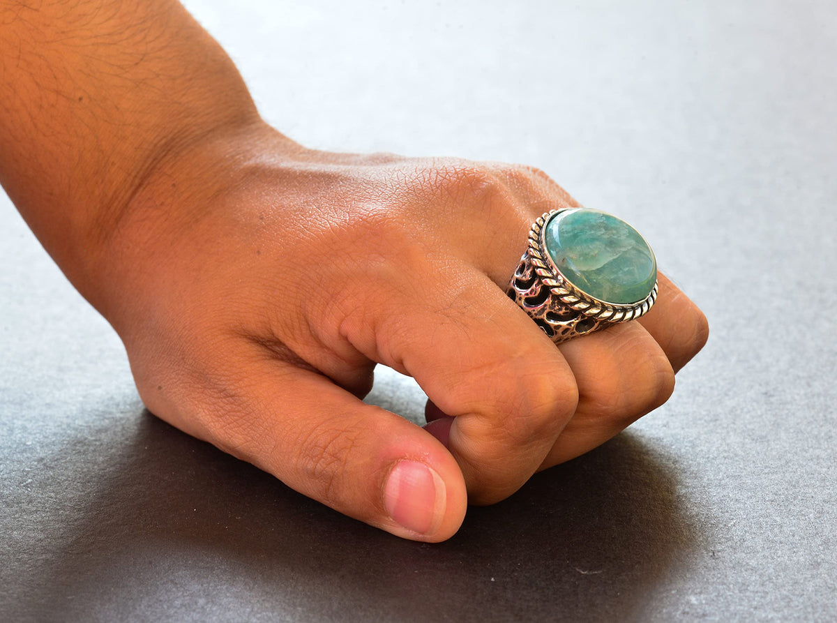 Natural Amazonite Round Stone Ring, Silver Men's Ring — 7