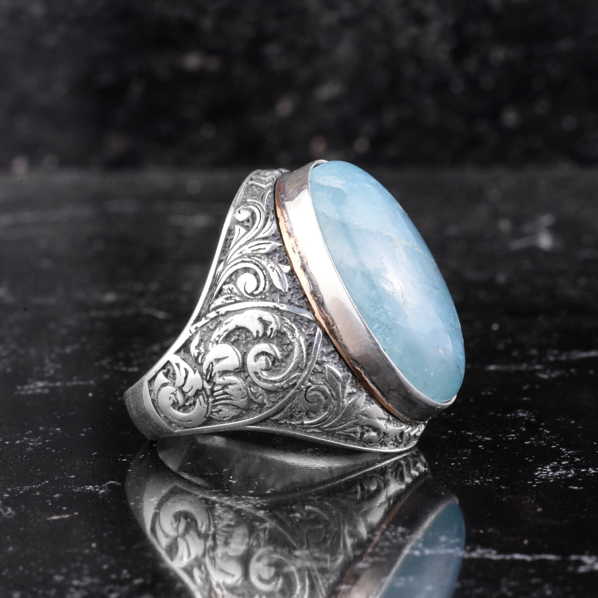 KAMBO Natural Aquamarine Stone Large Men's Ring - Oval Stone Vintage Floral Engraved Statement Ring - 925 Sterling Silver Handmade Men's Jewelry — 6