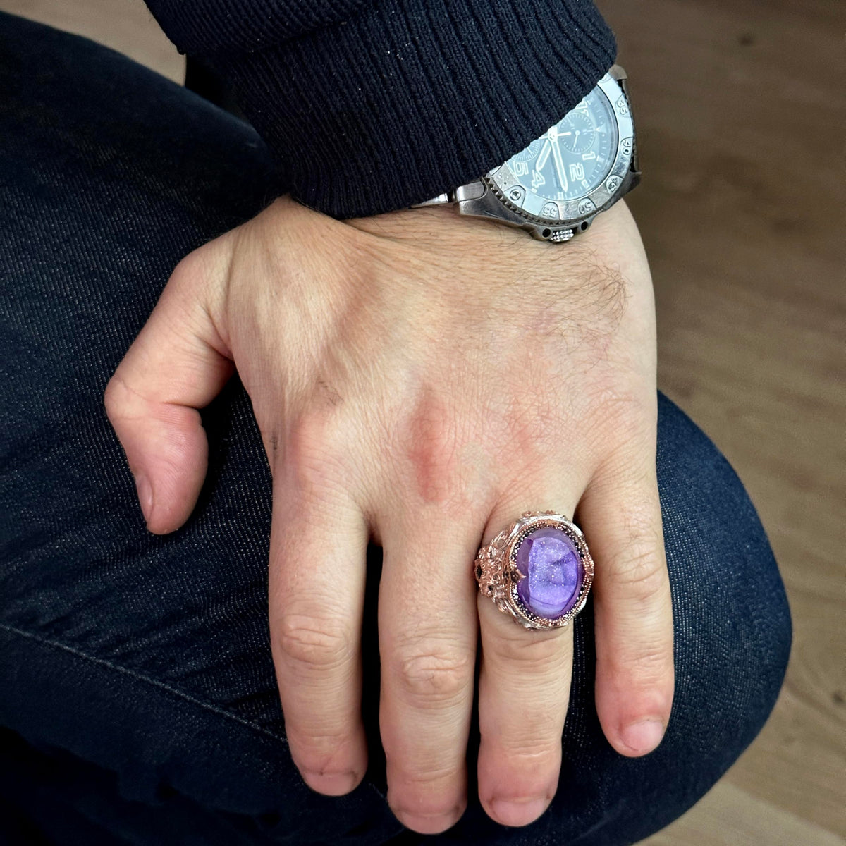 Natural Drusy Quartz Stone Ring - 925 Sterling Silver Men's Ring — 3