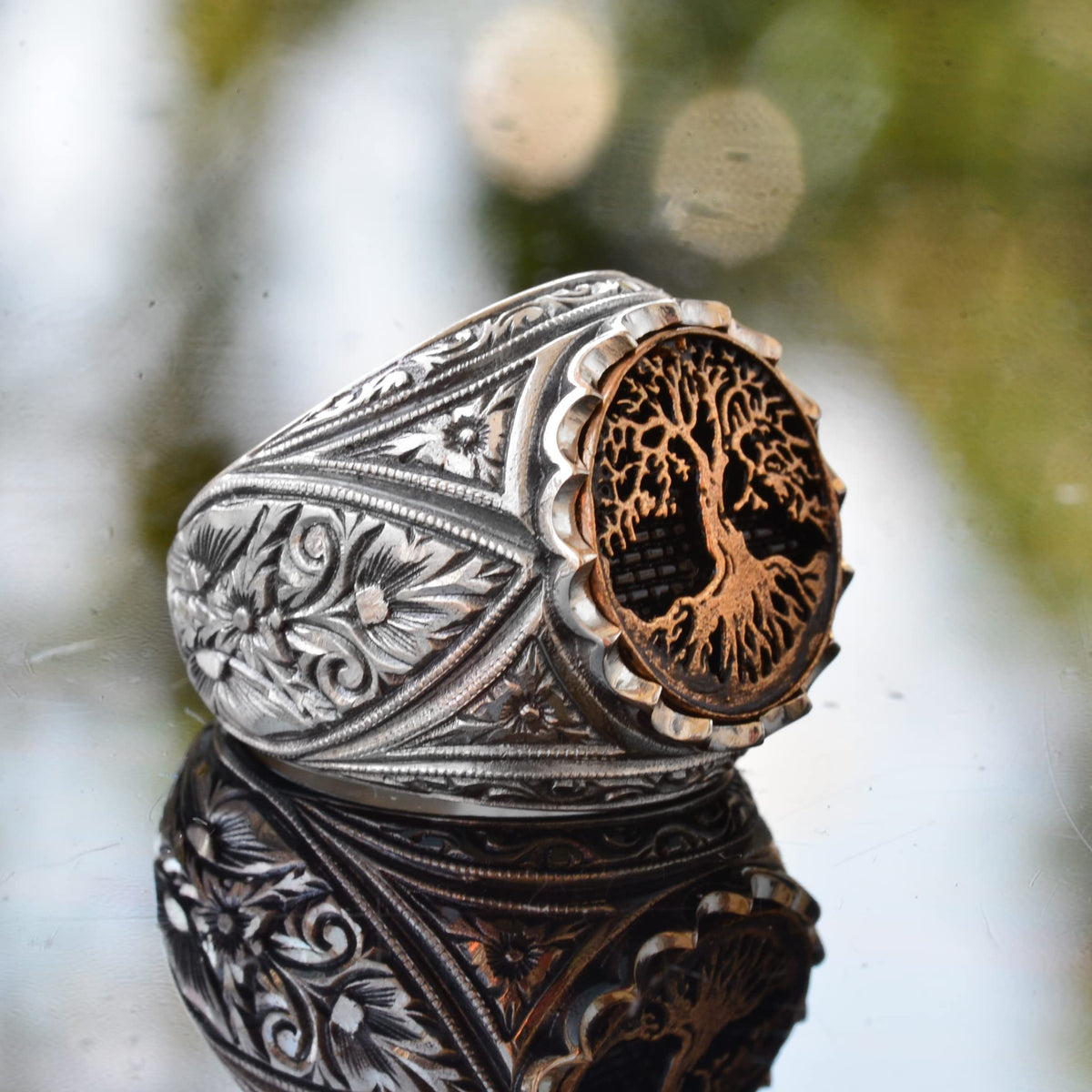 925 Solid Sterling Silver Ring - Round Silver Men's Ring - Signet Rings (Tree of Life)