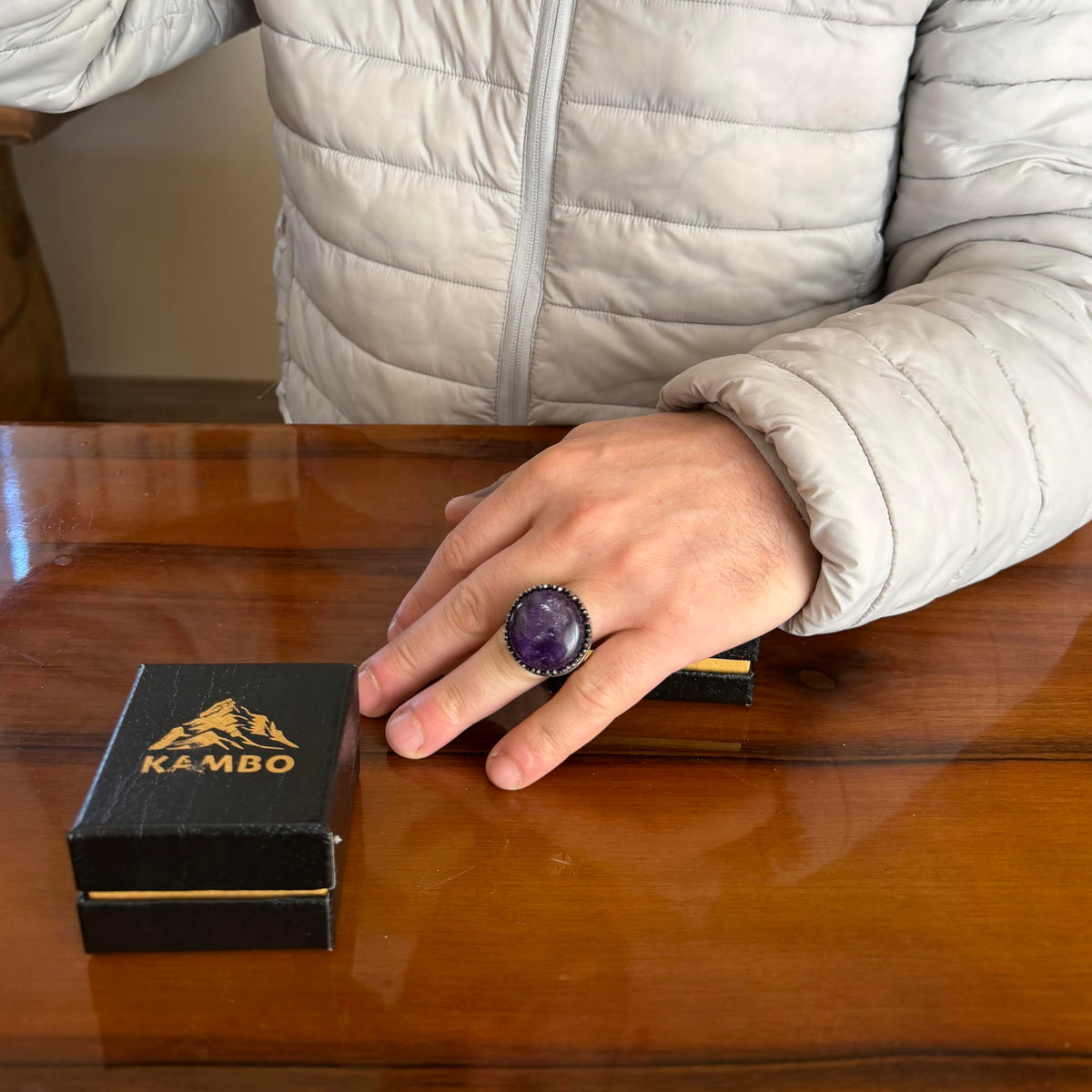 KAMBO Natural Stone Round Large Men's Ring – 925 Sterling Silver Handmade Ring – Statement Ring – Vintage Ottoman Style Men's Jewelry (Amethyst) — 3