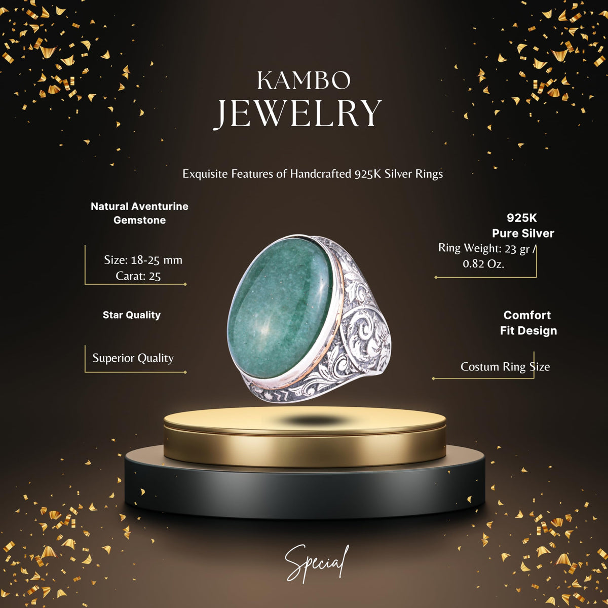 KAMBO Natural Aventurine Stone Large Ring for Men - Oval Green Vintage Engraved Statement Ring - 925 Sterling Silver Handmade Men's Jewelry — 2