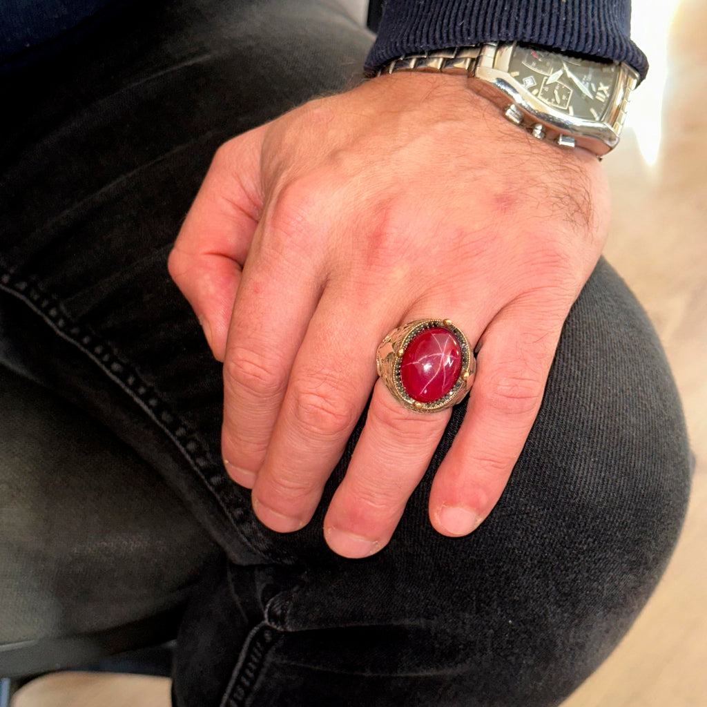 925 Sterling Silver Men's Ring - Original Handmade Model with Star Ruby Stone — 3