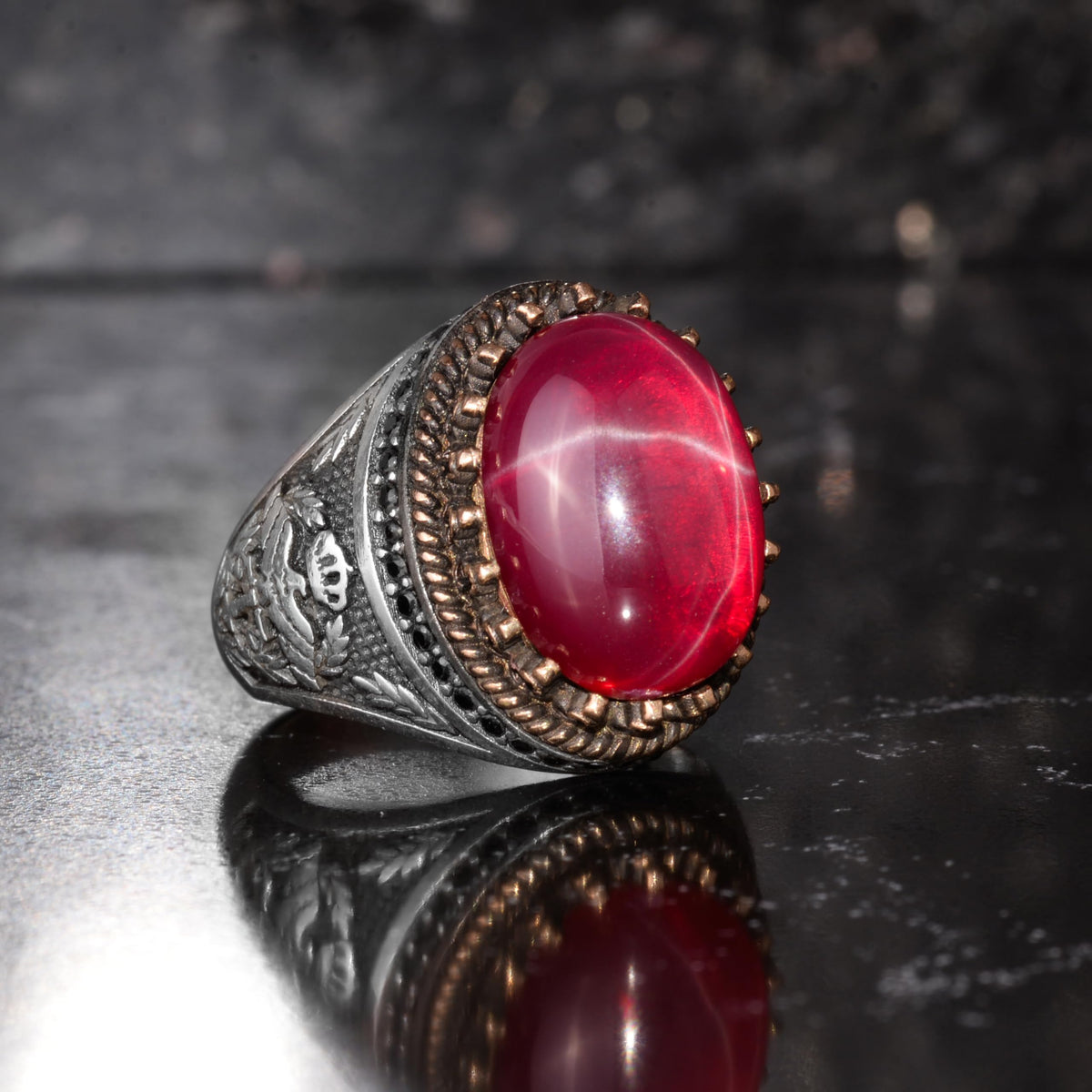 KAMBO Natural Star Ruby Stone Ring for Men 925 Sterling Silver Bronze Frame Handmade Ottoman Style Statement Ring Asterism Ruby — 5