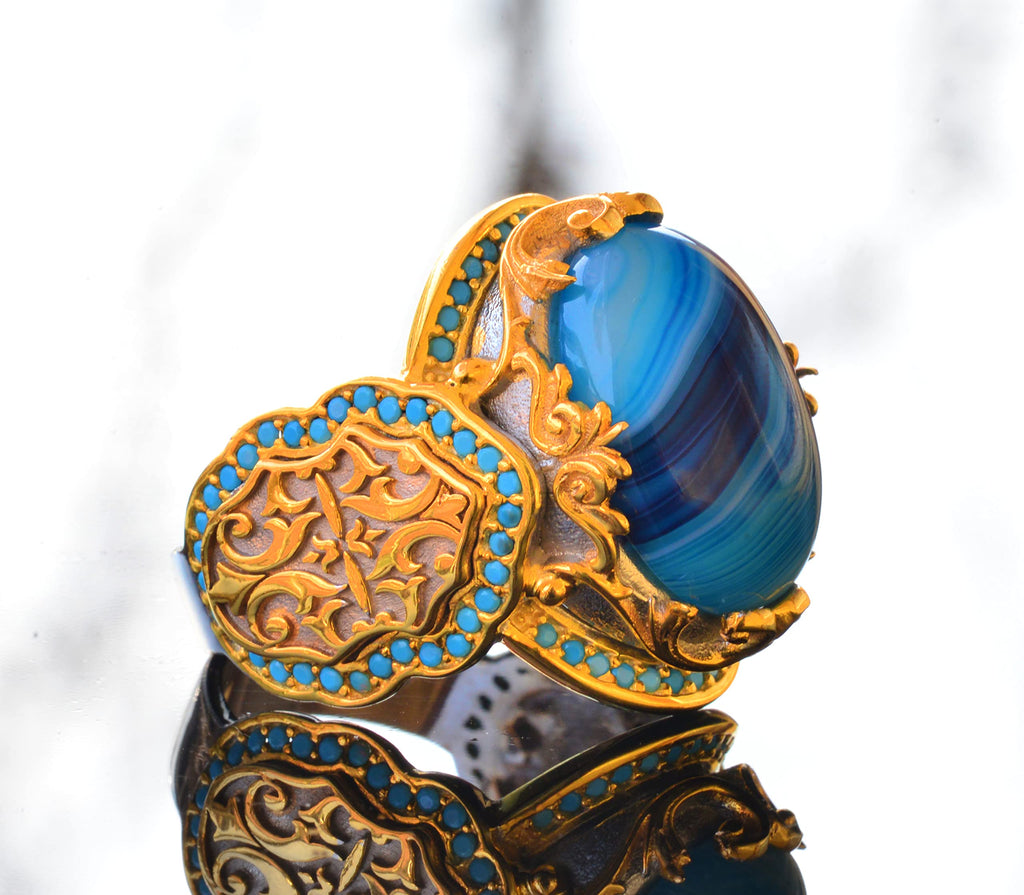 Natural Blue Agate Stone Ring – 925 Sterling Silver King Ring – Gold Plated — 4
