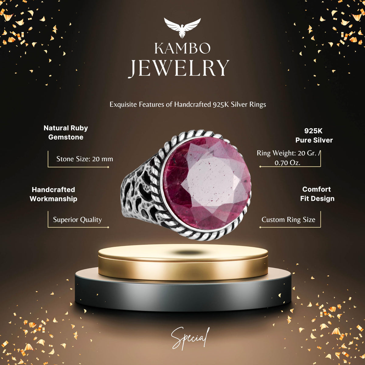 Natural Ruby Stone 925 Sterling Silver Men's Ring — 2