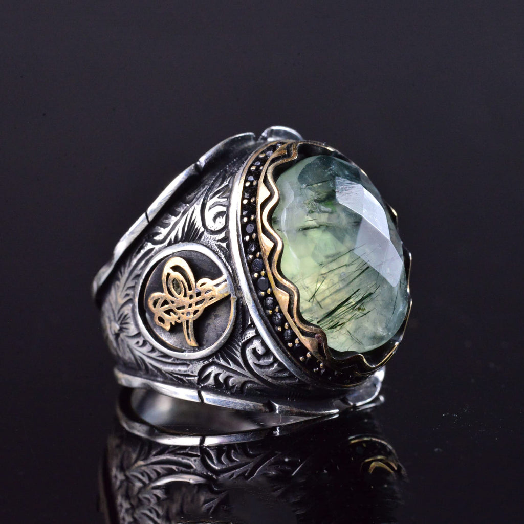 Prehnite Stone Ring, Handmade Ottoman Design 925 Sterling Silver Men's Ring — 3