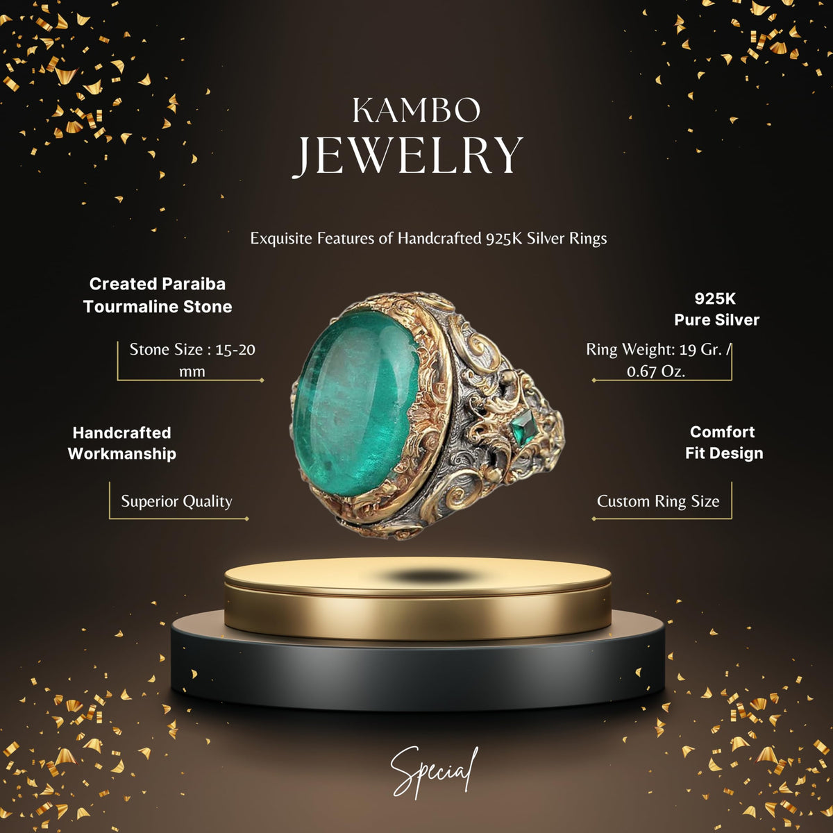 Artificial Paraiba Stone Silver Ring, Rhodium Plated Silver Ring, 925 Sterling Silver Ring, Green — 2