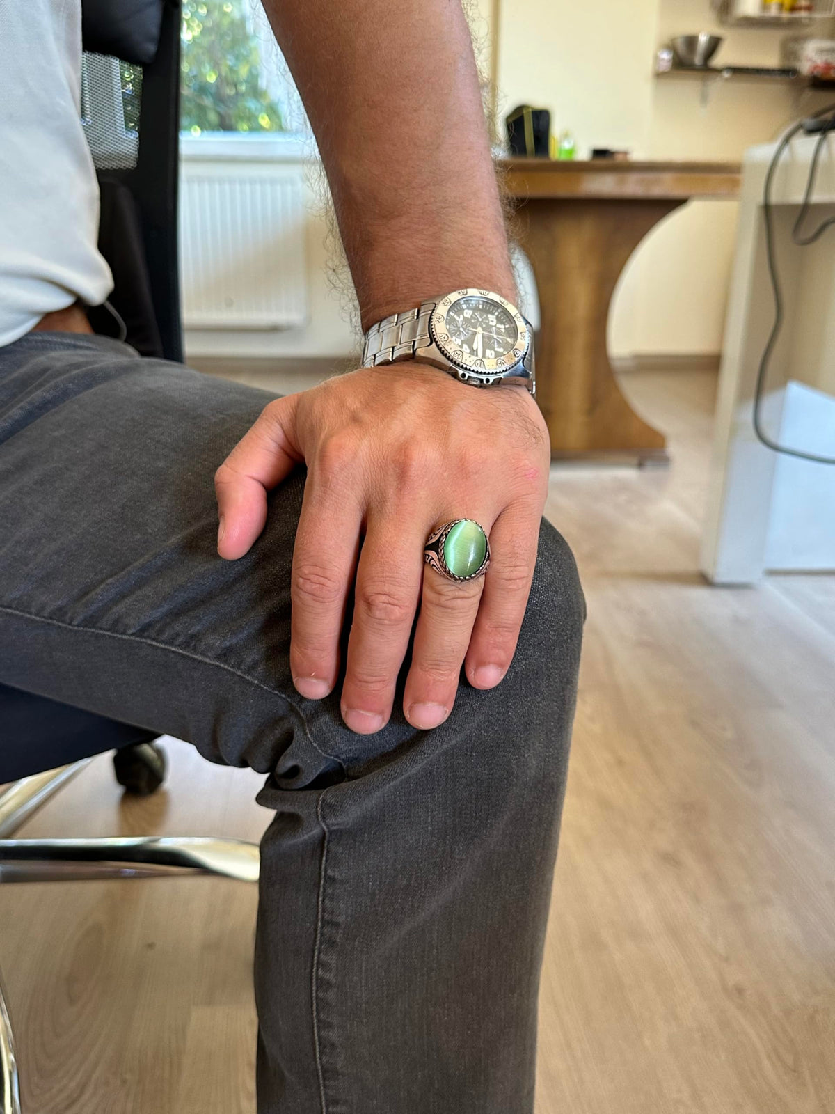 925 Sterling Silver Ring - Artificial Stone Silver Ring - Handmade Ring (Light Green Cat's Eye) — 3