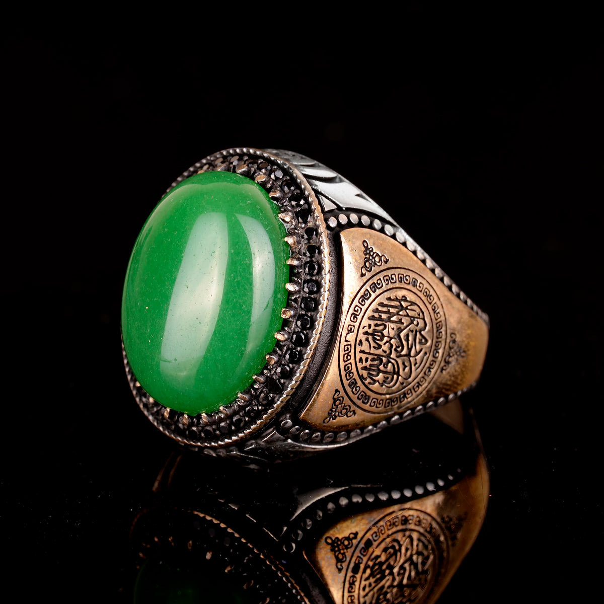 Handmade 925 Sterling Silver Men's Ring Natural Green Jade - Islamic Design — 4