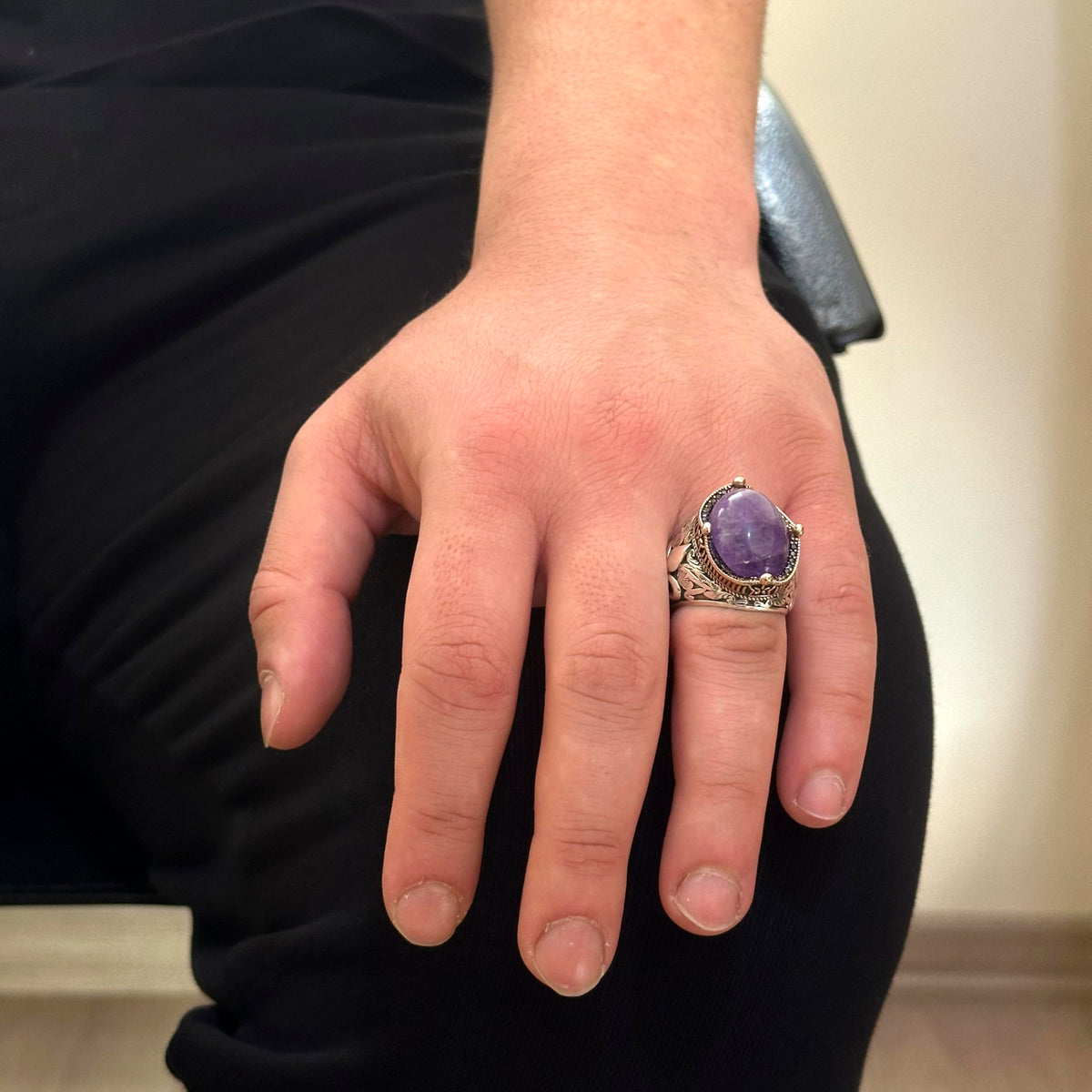 925 Sterling Silver Handmade Men's Ring - Available with Different Natural Stones (Amethyst) — 3