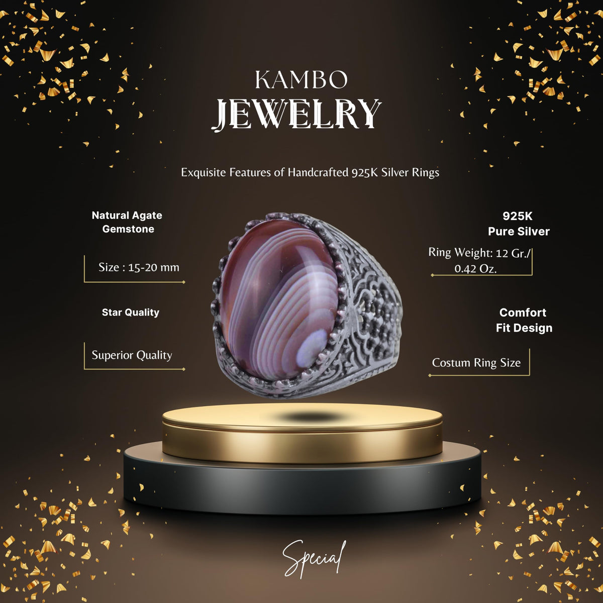 KAMBO Men's Natural Agate Stone Ring – 925 Sterling Silver Handmade Oval Islamic Design – Unique Vintage Men's Jewelry (Style-1) — 2