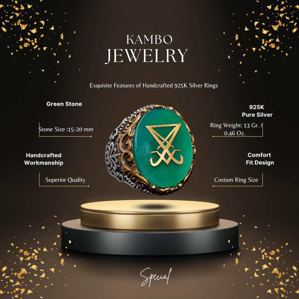 Kambo Handcrafted Silver Men's Ring - Green Synthetic Stone Lucifer Symbol, Bold and Unique Design — 2