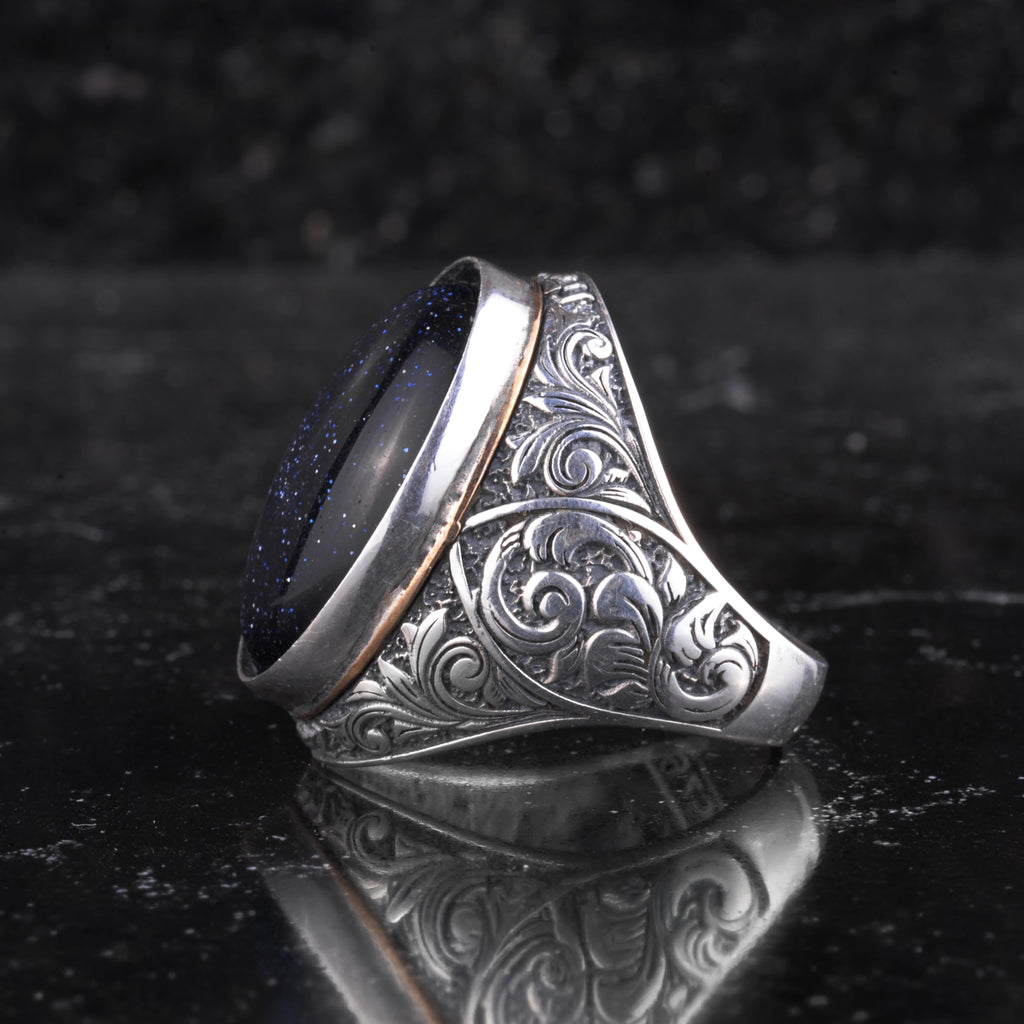 KAMBO Sunstone Large Ring for Men - Oval Cabochon Vintage Carved Statement Ring - 925 Sterling Silver Handmade Men's Jewelry — 4