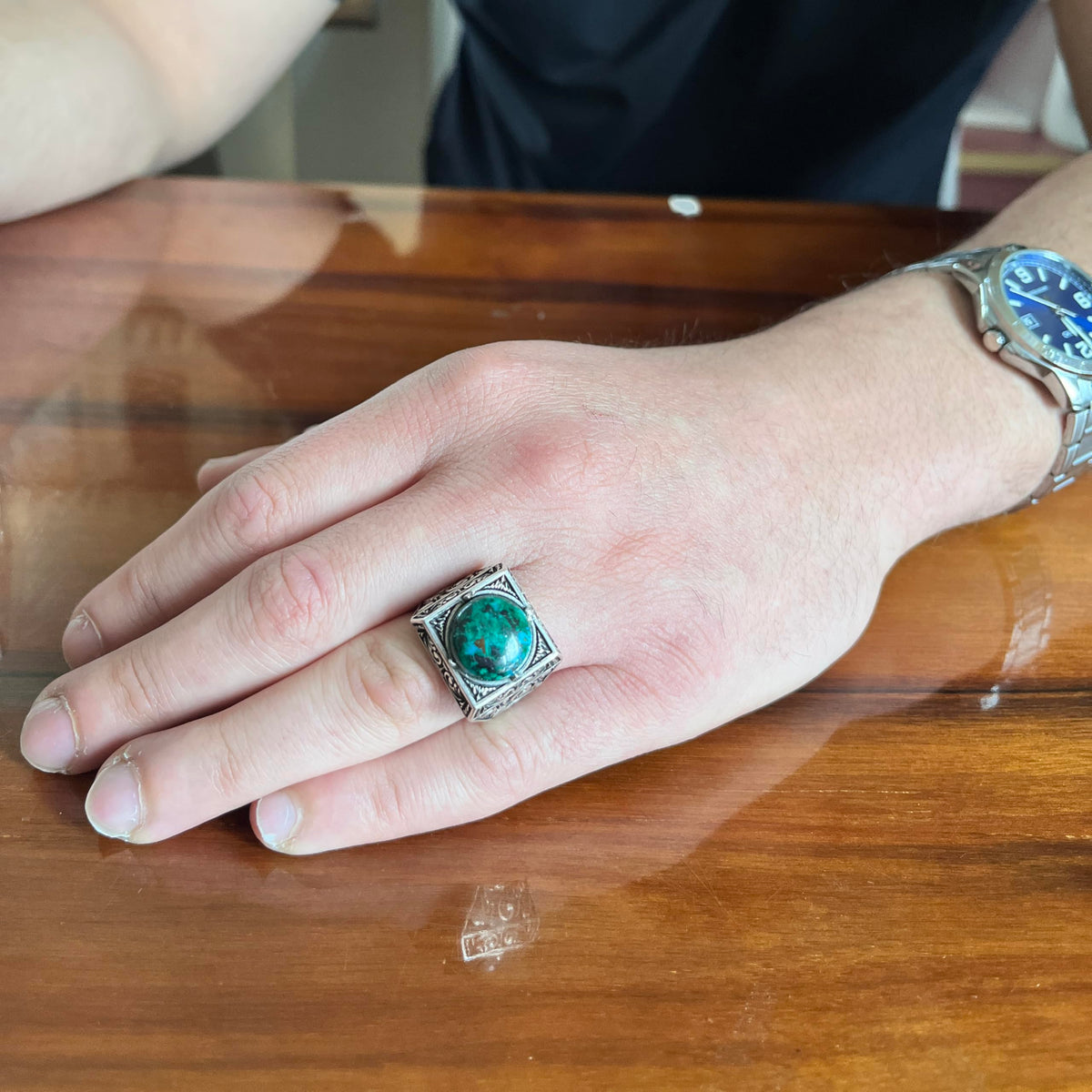 KAMBO Natural Round Stone Square Men's Ring 925 Sterling Silver – Ottoman Pattern Handmade Stone Ring (Chrysocolla) — 3