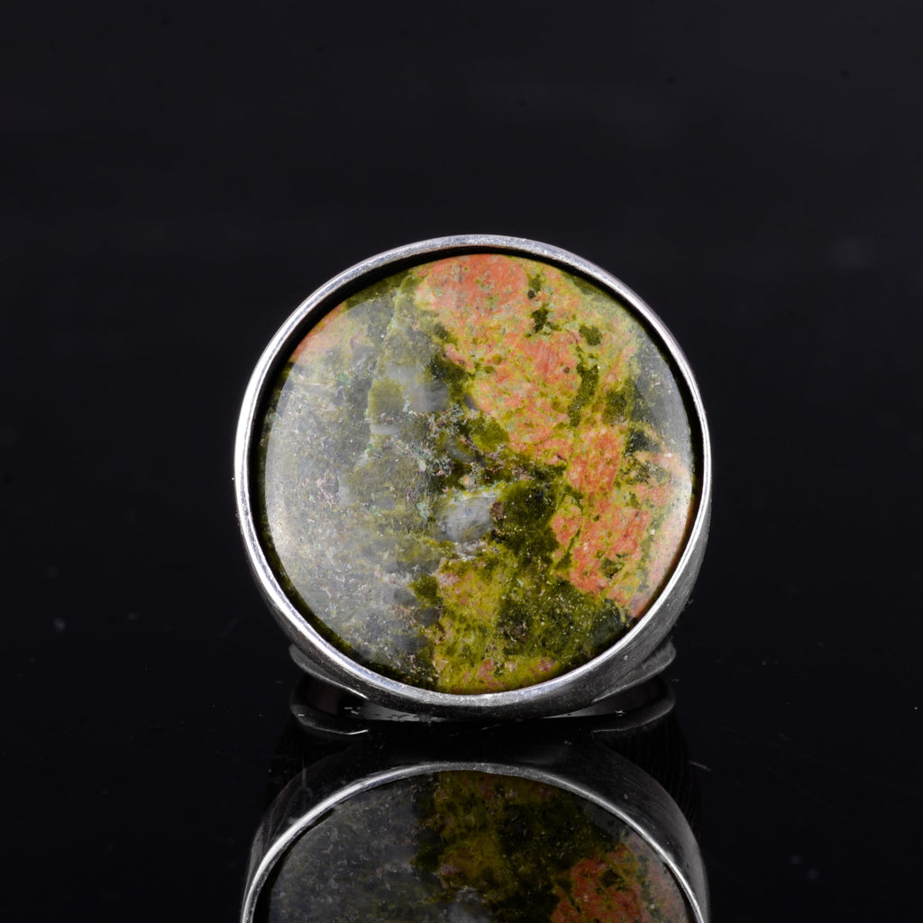 KAMBO 925 Sterling Silver Natural Stone Large Men's Ring – Handmade Round Shape Statement Silver Jewelry (Unakite) — 4