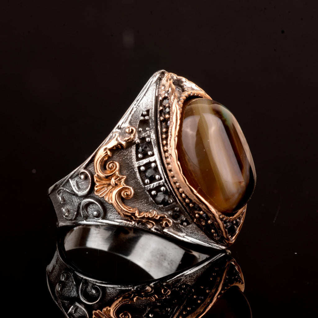 Silver Men's Ring, Natural Agate Stone Ring — 5