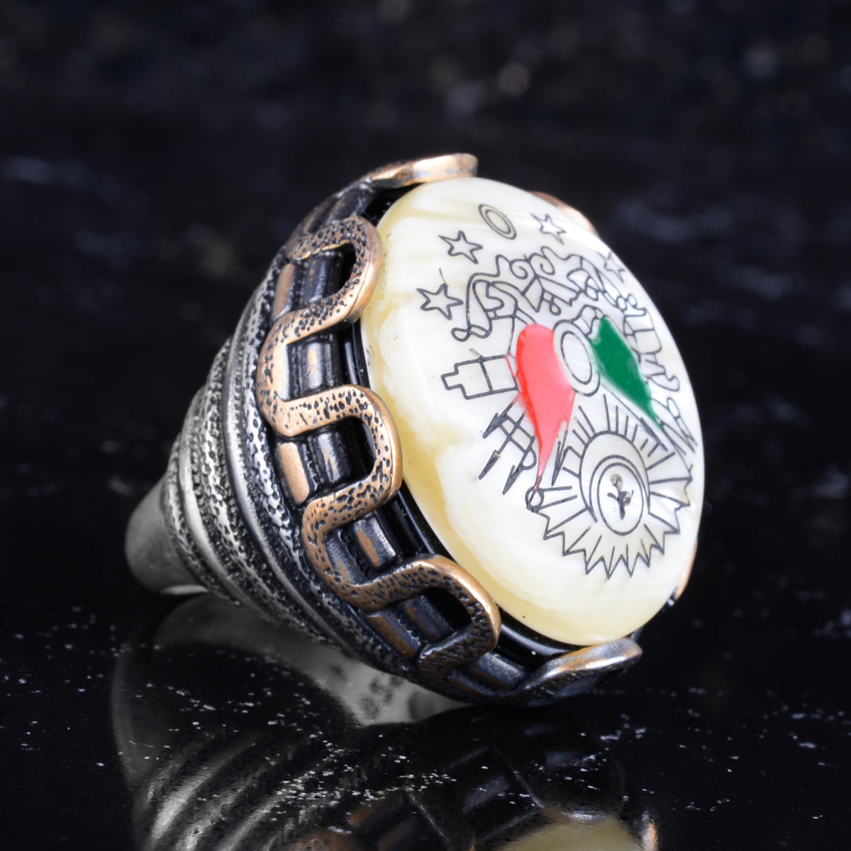 KAMBO Natural Pearl Stone Ottoman Empire Emblem Large Ring Men's 925 Sterling Silver Bronze Detailed Handmade Statement Ring — 6