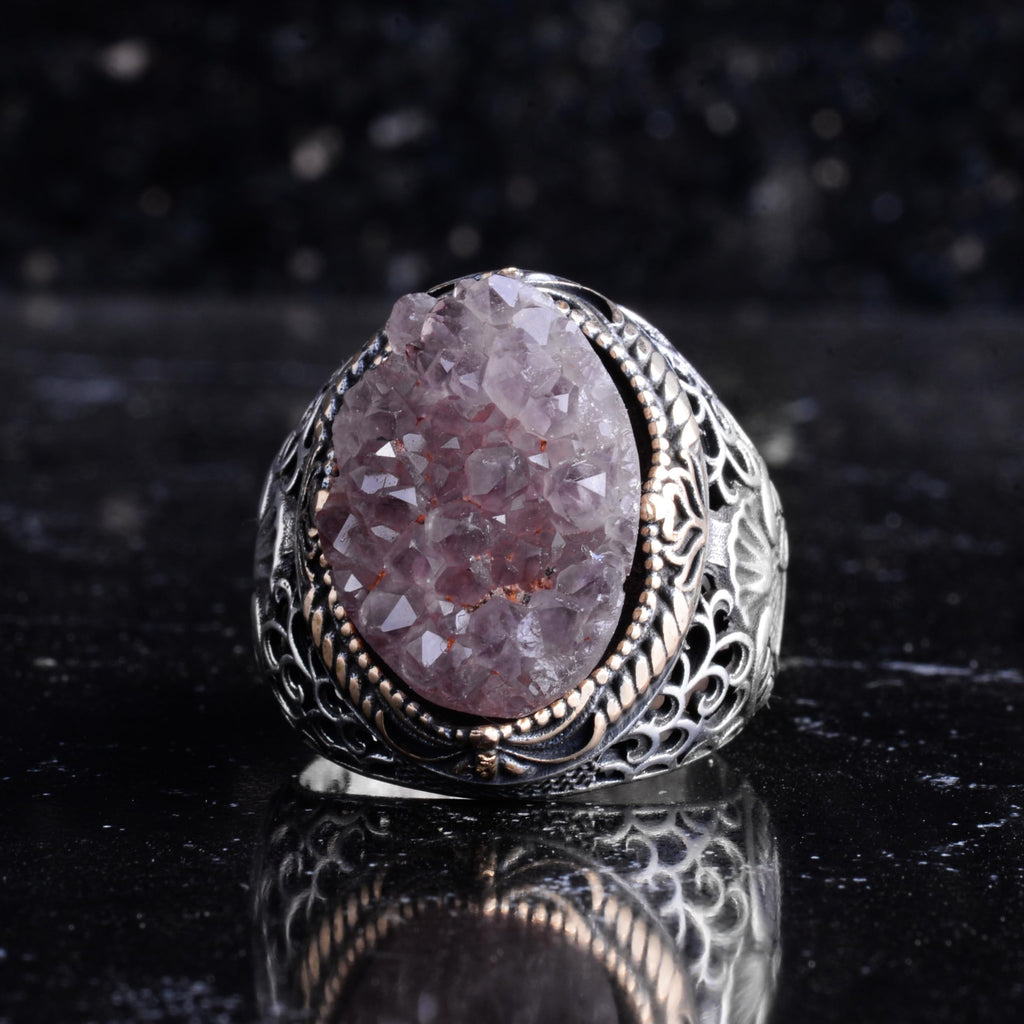KAMBO Natural Tiger's Eye Stone Men's Ring - 925 Sterling Silver Ring - Floral Engraved Handmade Men's Jewelry - Vintage Statement Ring — 2