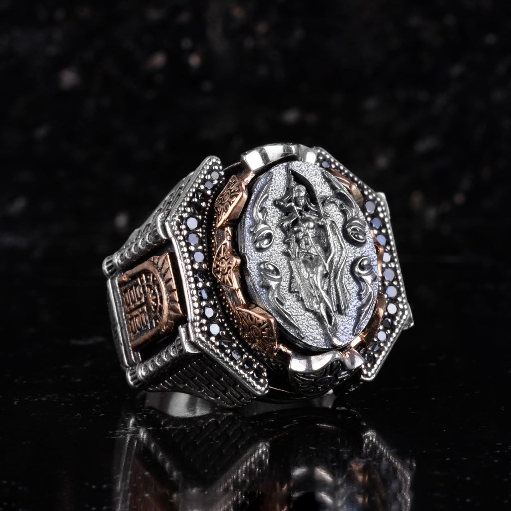 KAMBO Large Men's 925 Sterling Silver Ring Figure – Bronze Detail – Carved Statement Ring (Eros) — 5