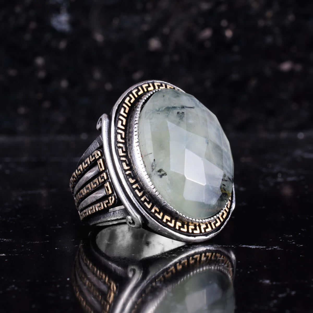 KAMBO Men's Genuine Natural Stone Ring – 925 Sterling Silver Large Statement Ring – Handmade Vintage Design – Dark Silver Ring (Prehnite) — 6