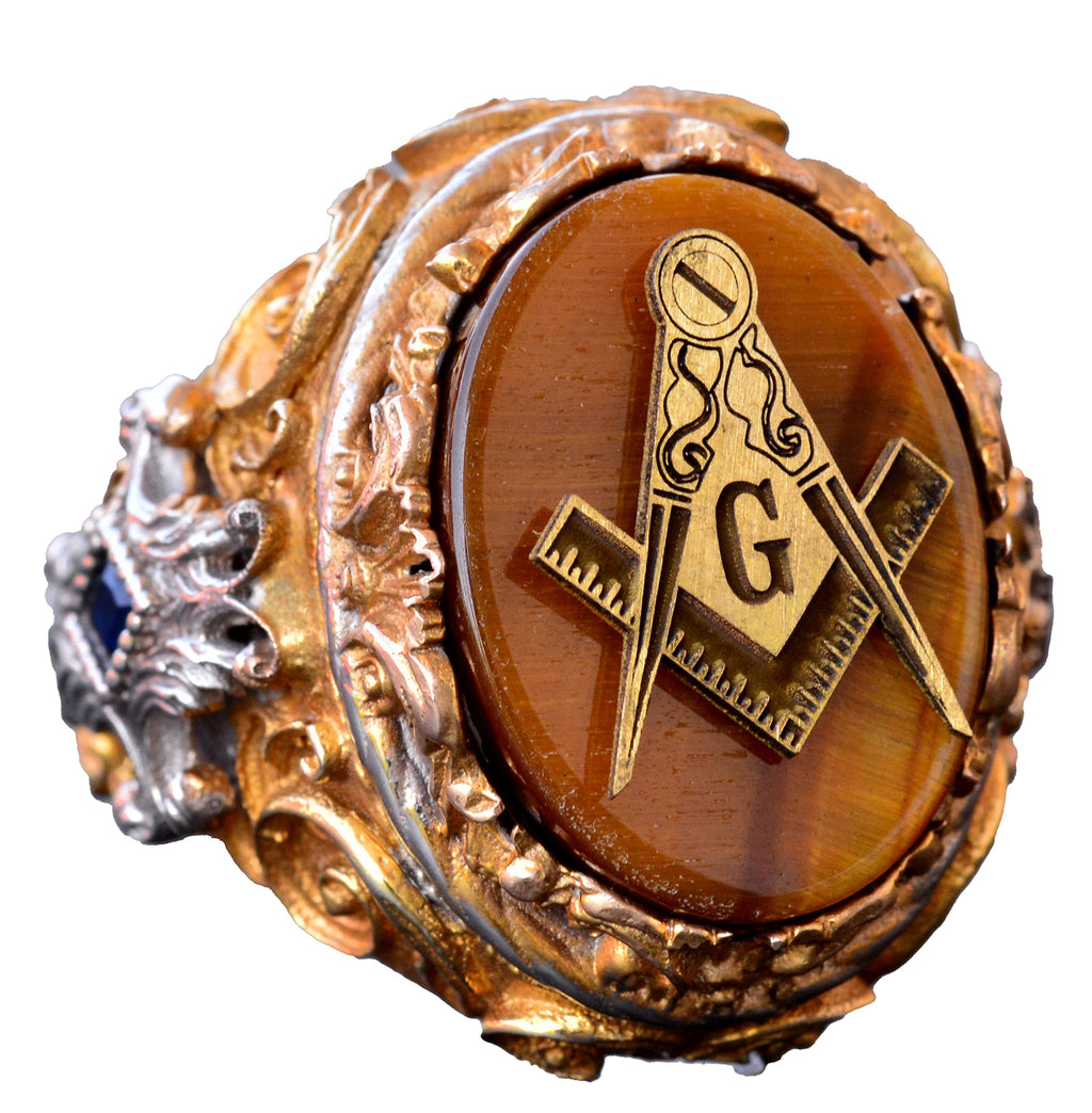 Mason Ring - Master Mason Silver Ring, Tiger Eye Stone, Gold Plated
