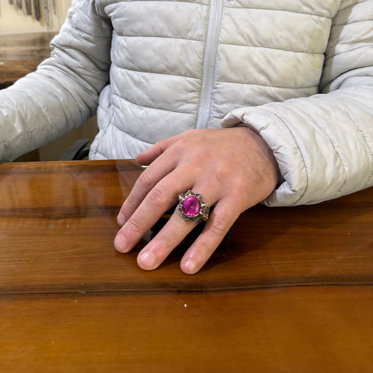 KAMBO Certified Natural Pink Spinel Stone Men's Ring – Bronze Detailed 925 Sterling Silver – Certified Gemstone Handmade Statement Ring — 2