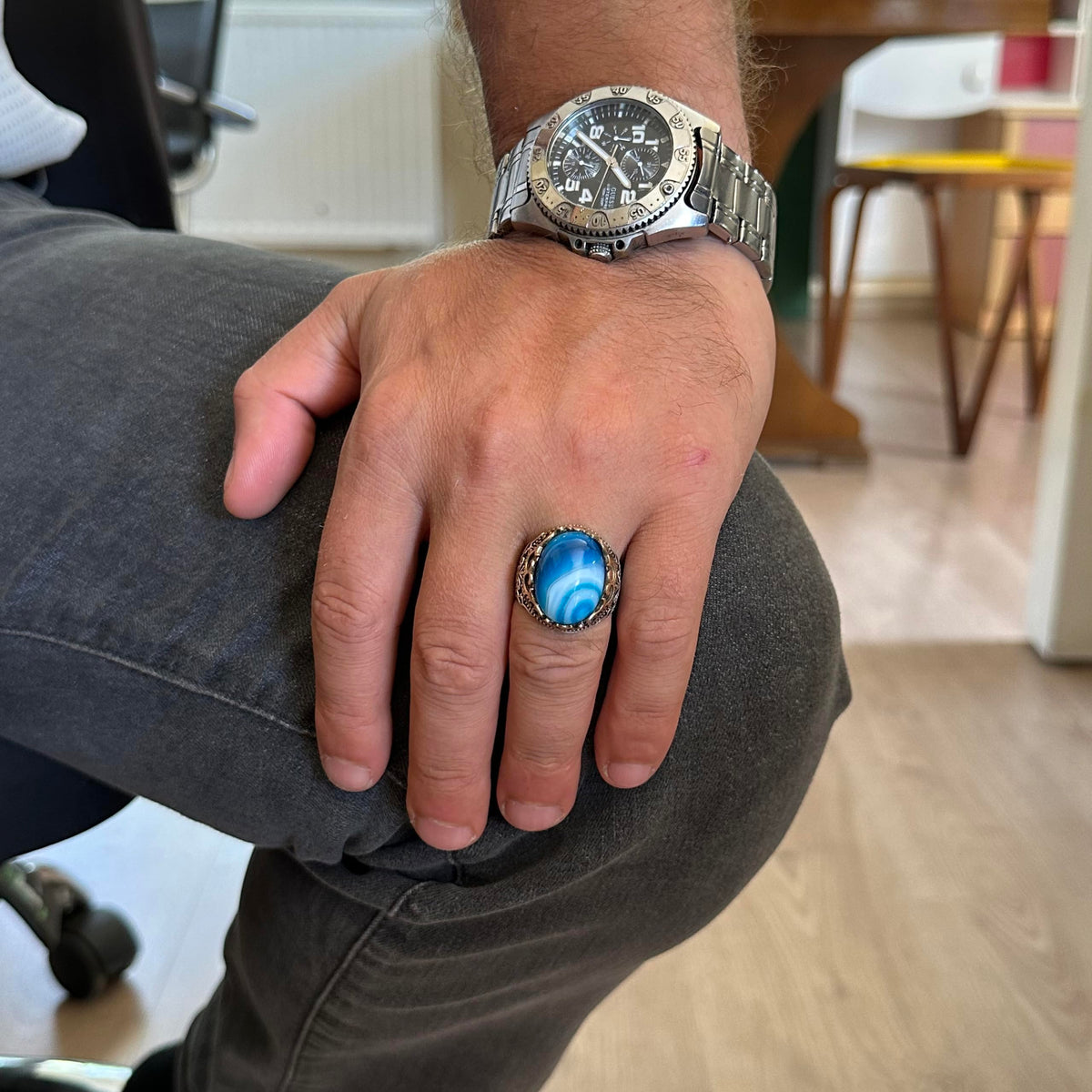 Natural Blue Agate Handmade Ring - 925 Sterling Silver — 3