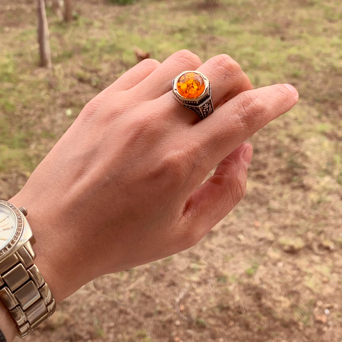 925 Sterling Silver Men's Ring - Amber Stone Minimalist Ring — 6