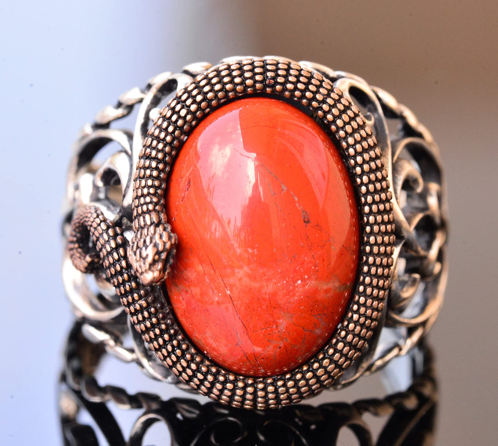 Natural Bloodstone Snake Ring, Handmade Ring, Silver Men's Ring, Gift, Silver Accessory, Brown — 2