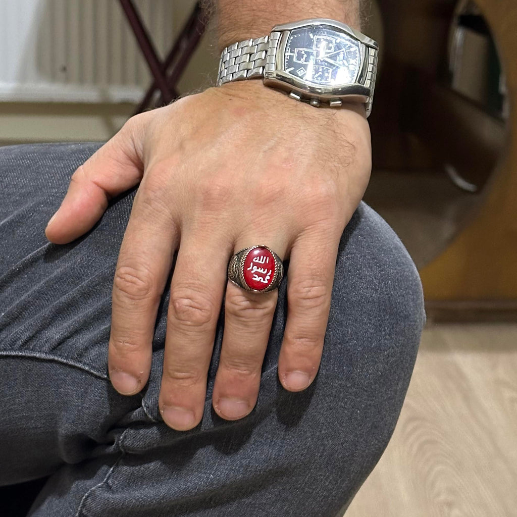 Islamic Men's Ring - Eagle Symbol Ring - 925 Sterling Silver Handmade Men's Ring (Red) — 3